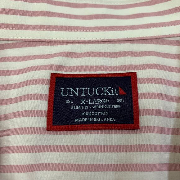 UNTUCKit Shirt Mens XL Extra Large SLIM Fit Foxglove Pink White Striped No Tuck - Picture 4 of 10